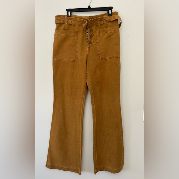Free people Corin mod slim flare pants  brown/camel button fly belted  size 8 - Picture 2 of 10